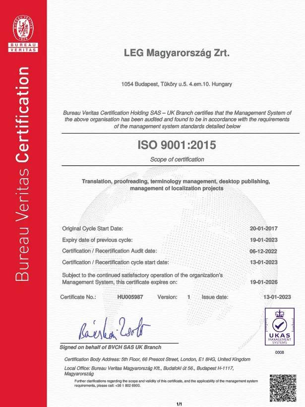 LEG Magyarország Zrt. ISO 9001 EN