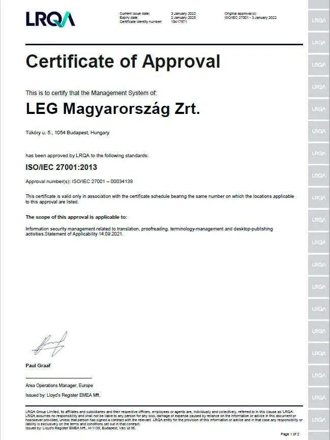 LEG Magyarország Zrt. ISO IEC 27001 EN